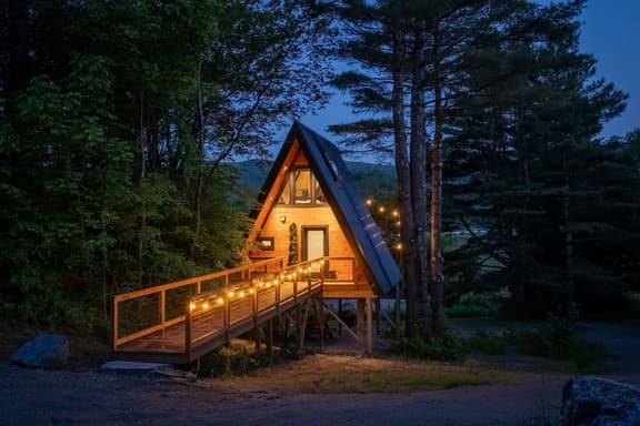 Designer A-Frame Treehouse with hot tub on river